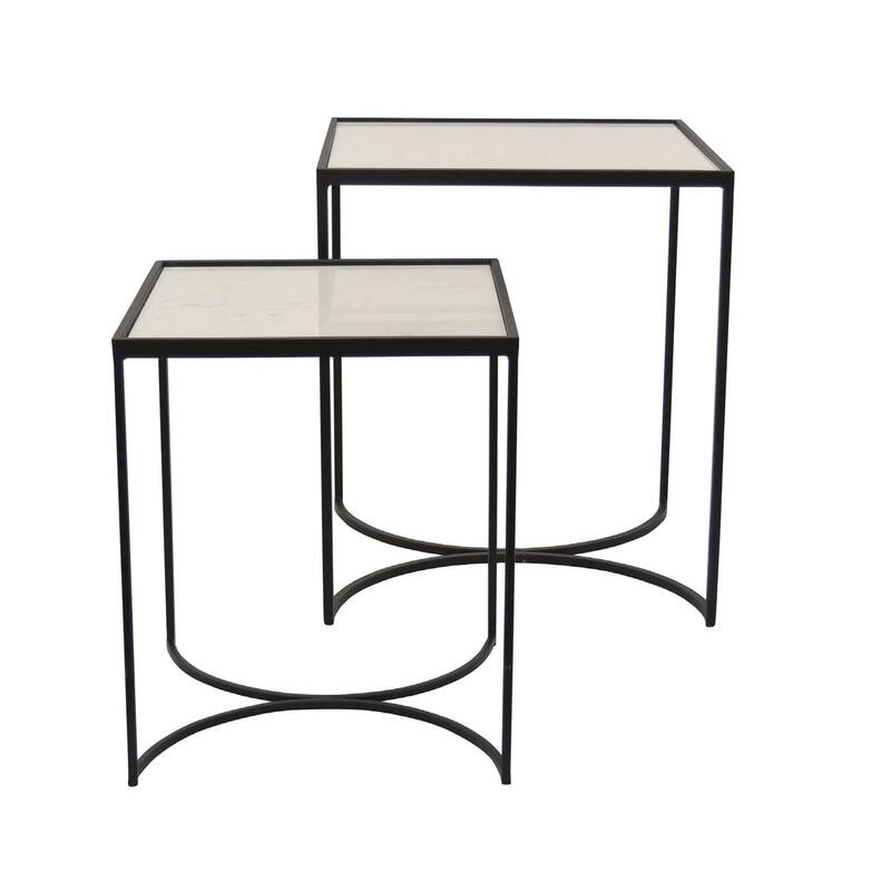24 Inch Plant Stands Set of 2, White Marble Top, Minimalist Black Frame