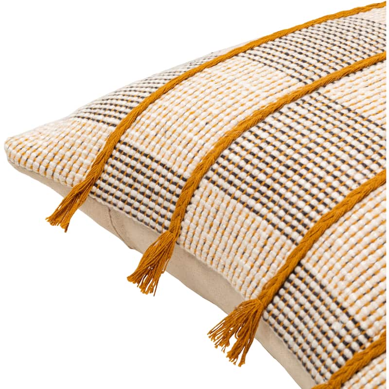 Caroline Woven Checkerboard Throw Pillow with Fringe Stripe Accents