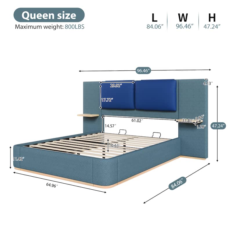Roomfitters Queen Size Upholstered Platform Bed Frame, Modern Panel Headboard with Rounded Corners, Solid Wood Slats