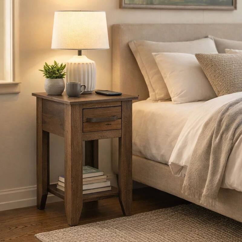 Tacey Chairside Table, 1 Drawer, 1 Shelf, Peanut Brown Wood, 18 Inch