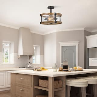 Modern Farmhouse 2-Light Drum Semi-flush Mount Seeded Glass Ceiling Light