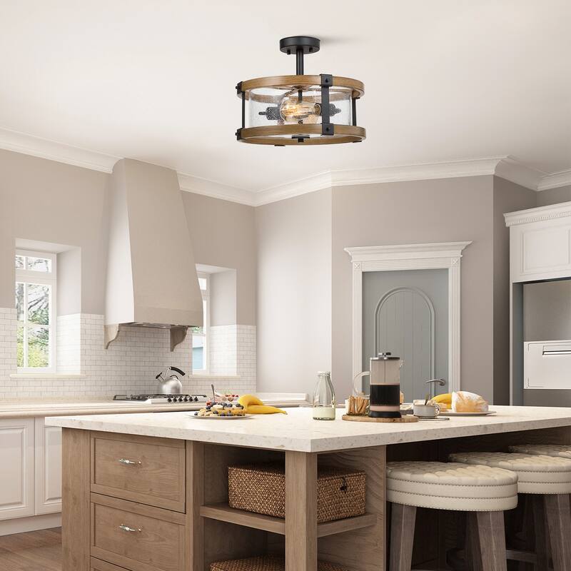 Modern Farmhouse 2-Light Drum Semi-flush Mount Seeded Glass Ceiling Light