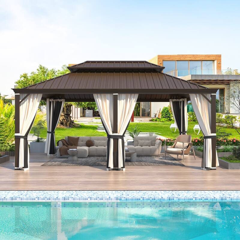 EROMMY Hardtop Gazebo with Galvanized Steel Roof and Curtains, Outdoor Aluminum Pavilion for Patio, Backyard, Lawn