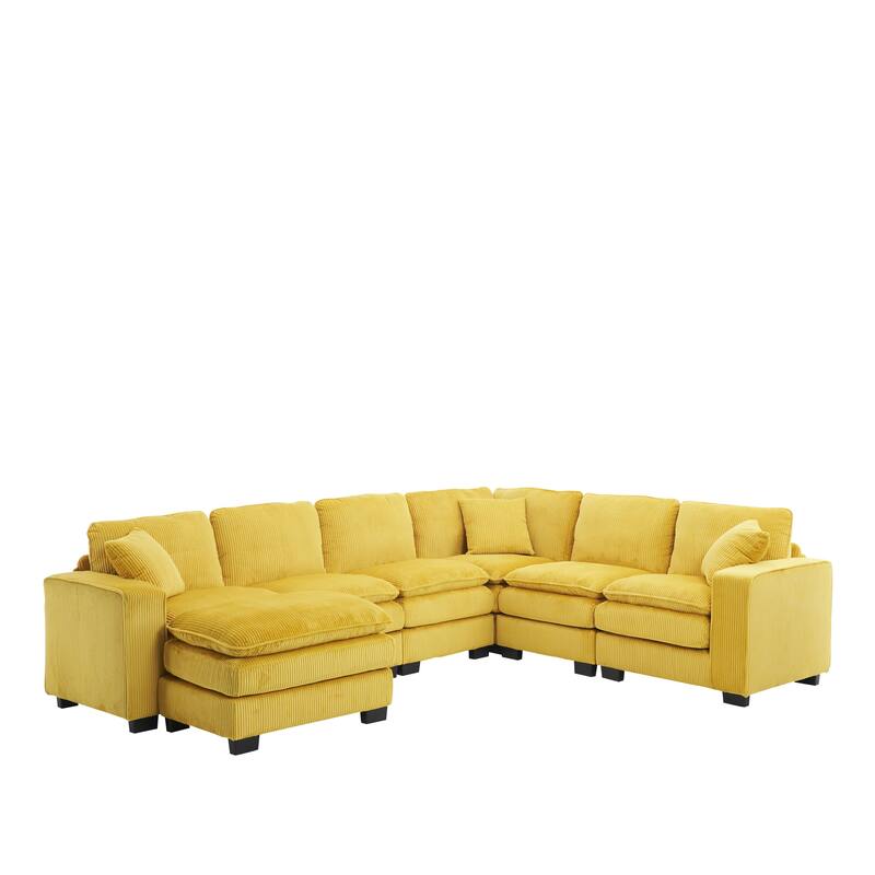 Modular Sectional Sofa for Living Room, U Shaped Sofa Couch with Ottoman and Three Toss Pillows, Corduroy Fabric Sofa Set
