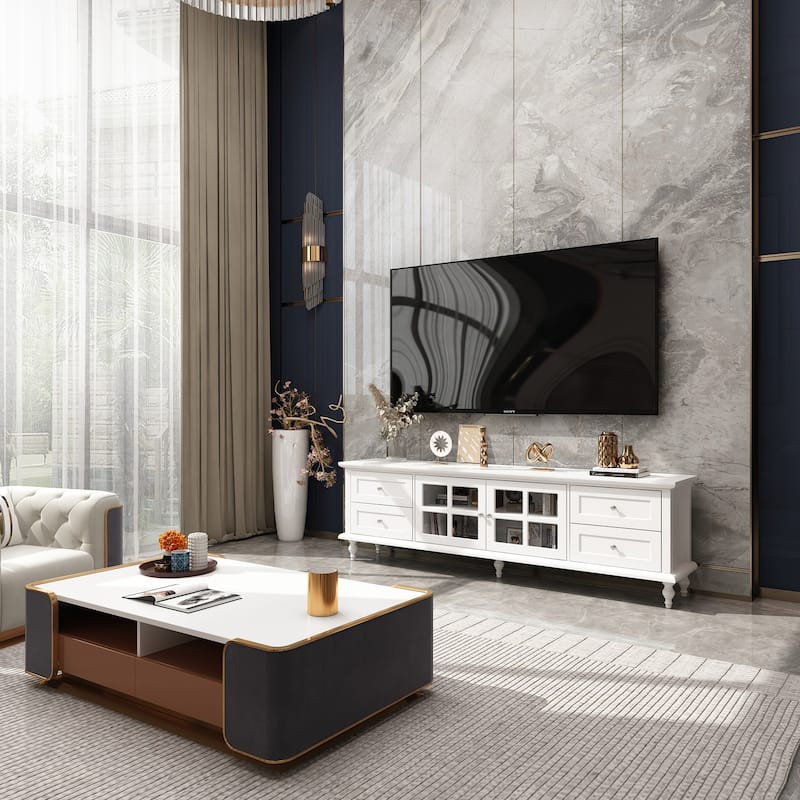 Modern White TV Stand w/Glass Doors and Drawers Entertainment Console - 70.9"