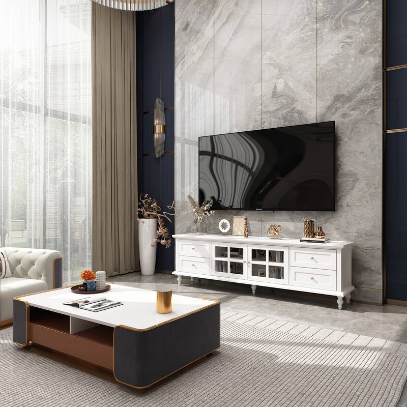 Stylish TV Console in White Roman Column Legs Modern TV Stand Console