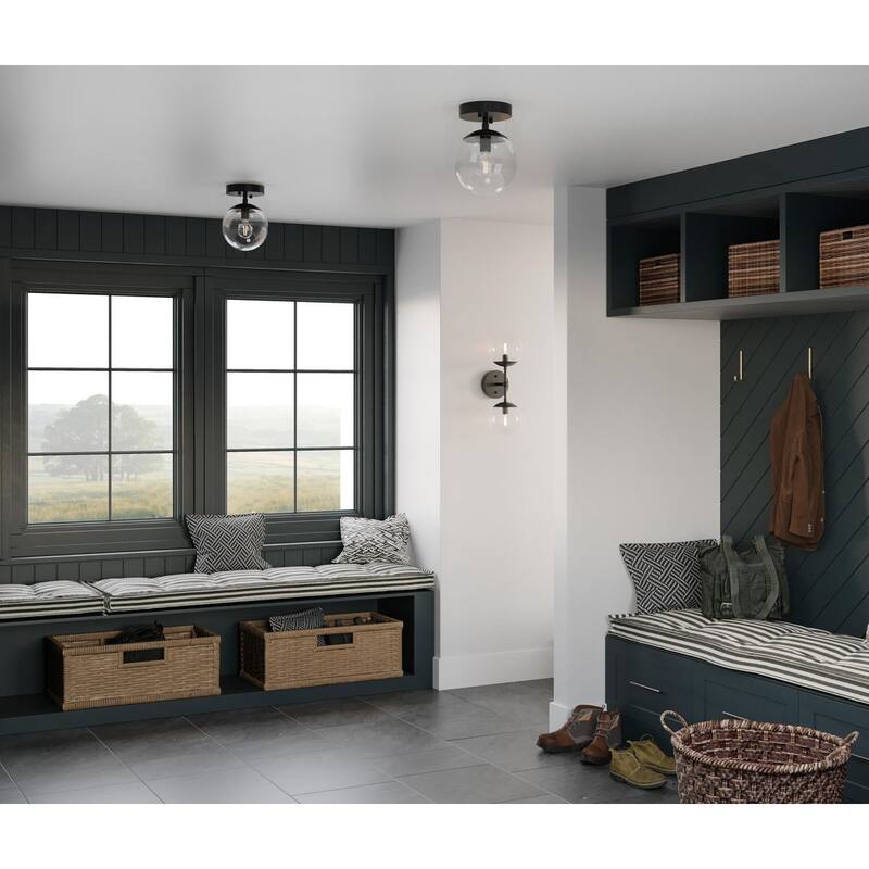 Atwell Collection Two-Light Matte Black Mid-Century Modern Wall Sconce - 5.87 in x 6.75 in x 18 in