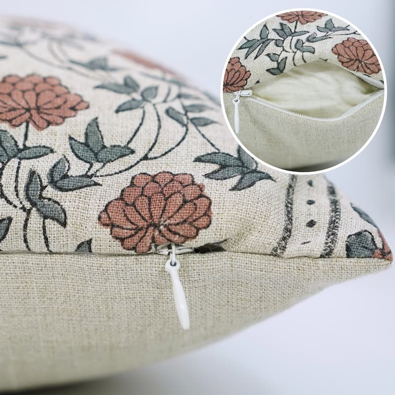 Fabdivine Handmade 26x26 Inch Linen Floral Pillow Cover for Chair, Dining or Bed Brown Soft Block Print Cushioncase, Khoobsurat