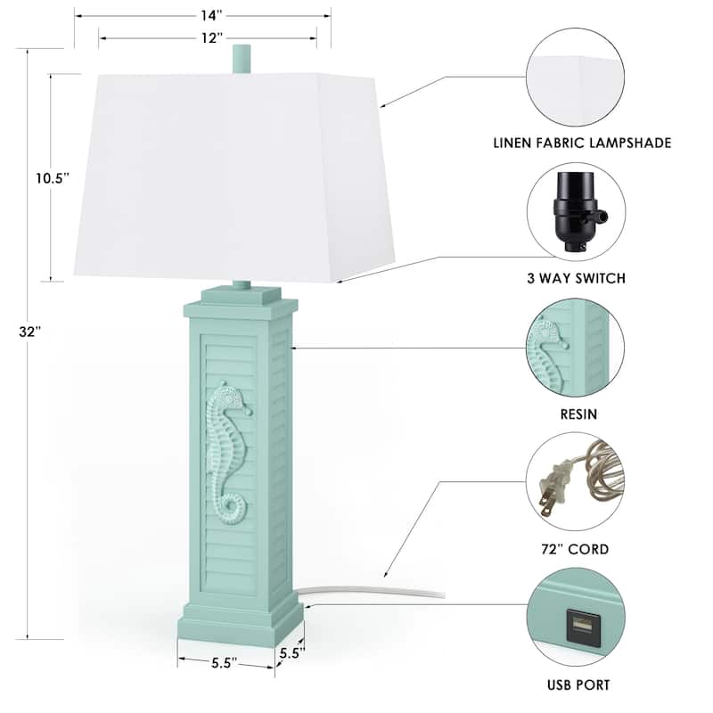 Lux Lighting Sea Horse Shutter 32" Teal Blue/Green Coastal Lamp with USB Charging port (Set of 2) 3-Way Switch