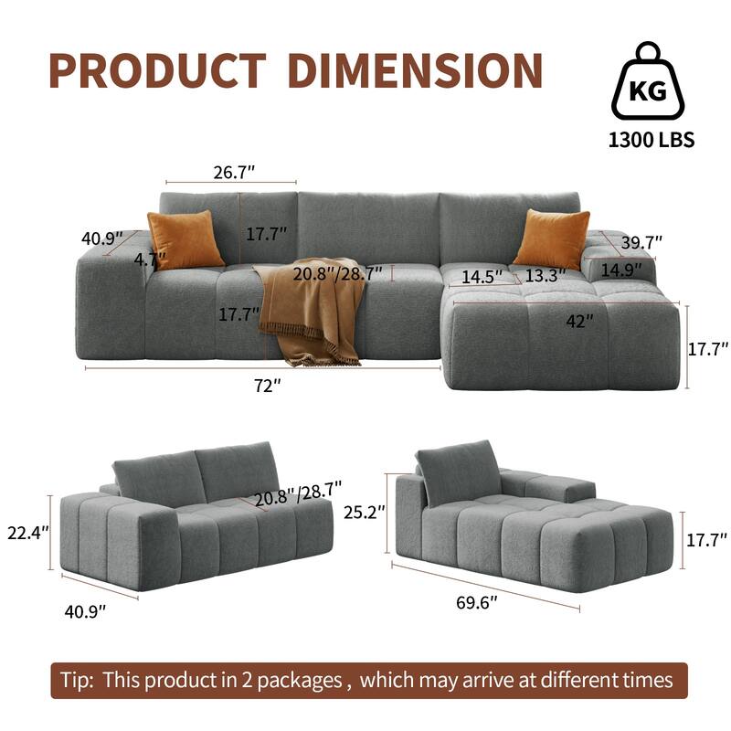 Modular Sectional Sofa with L-Shape Chaise Lounge, High-Density Foam Boneless Cloud Couch, Deep Seat Sofa with 3 Pillows - Light Gray