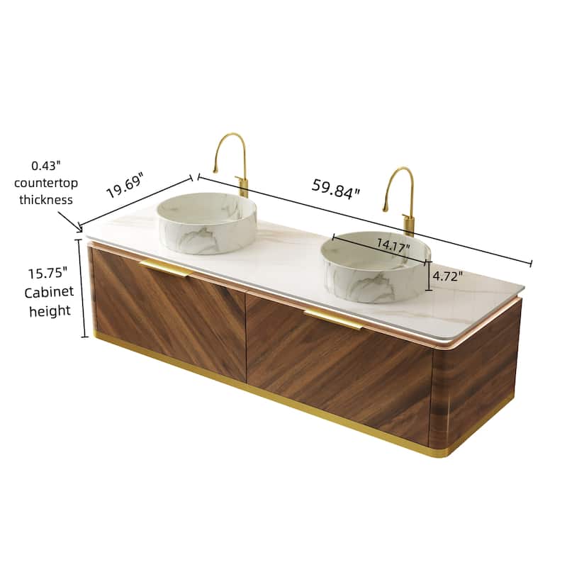 60" Floating Vanity with Smart Sensor Light, Stone Top and Vessel Sink