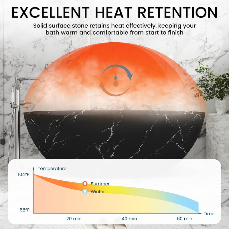 65 in. x 30 in. Solid Surface Freestanding Soaking Bathtub in Matte Black with Royal Misty Marble Pattern, Center Drain