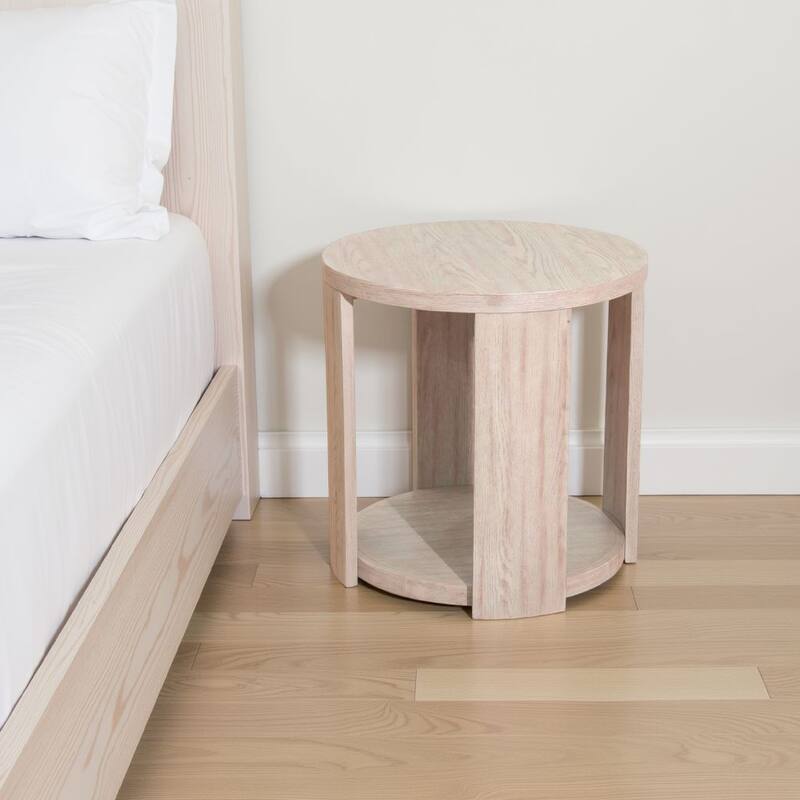 Cony Round End Table, Natural Oak Brown Wood, Caster Wheels, 24 Inch