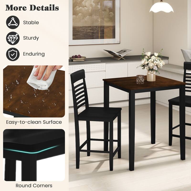 Gymax 3 PCS Counter-Height Dining Table Set for 2 Square Kitchen Table