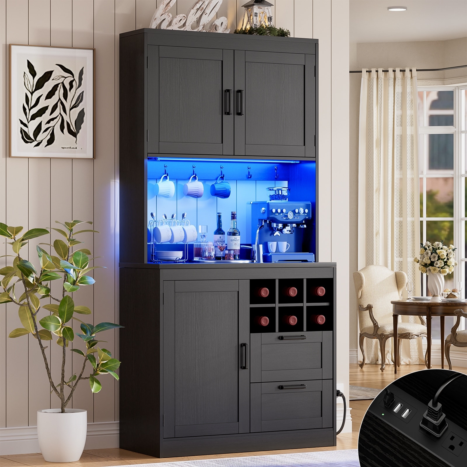 Farmhouse 72" Tall Kitchen Pantry Cabinet with Charging Station, Coffee Bar Cabinet with Hutch and LED Light