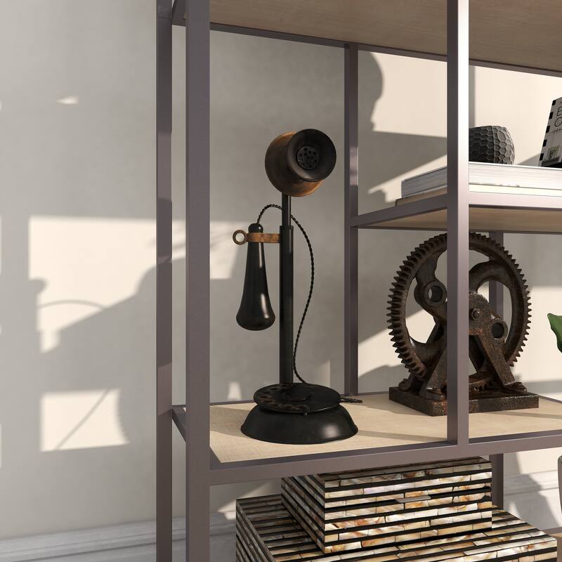 Black Metal Decorative Vintage Style Telephone Decorative Sculpture with Tiered Base and Coil Wire Detailing