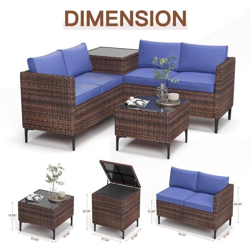 4-Piece Rattan Patio Set – Modular Sectional with Storage Box & Glass Table, Weather-Resistant for Outdoor Lounge,