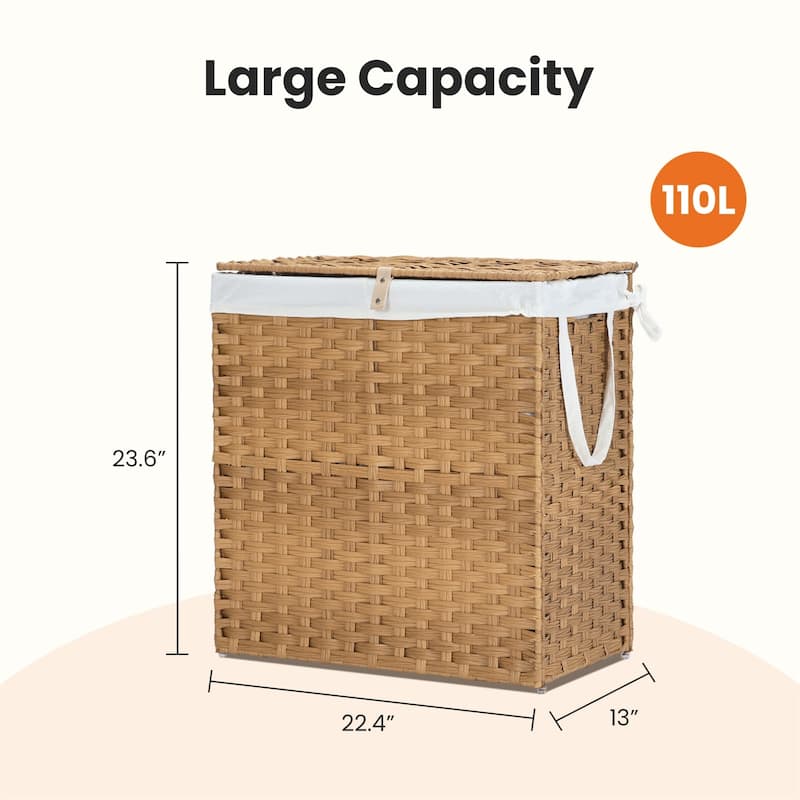 Laundry Hamper with Lid, Synthetic Rattan Clothes Laundry Basket with Lid and Handles, Foldable, Removable Liner