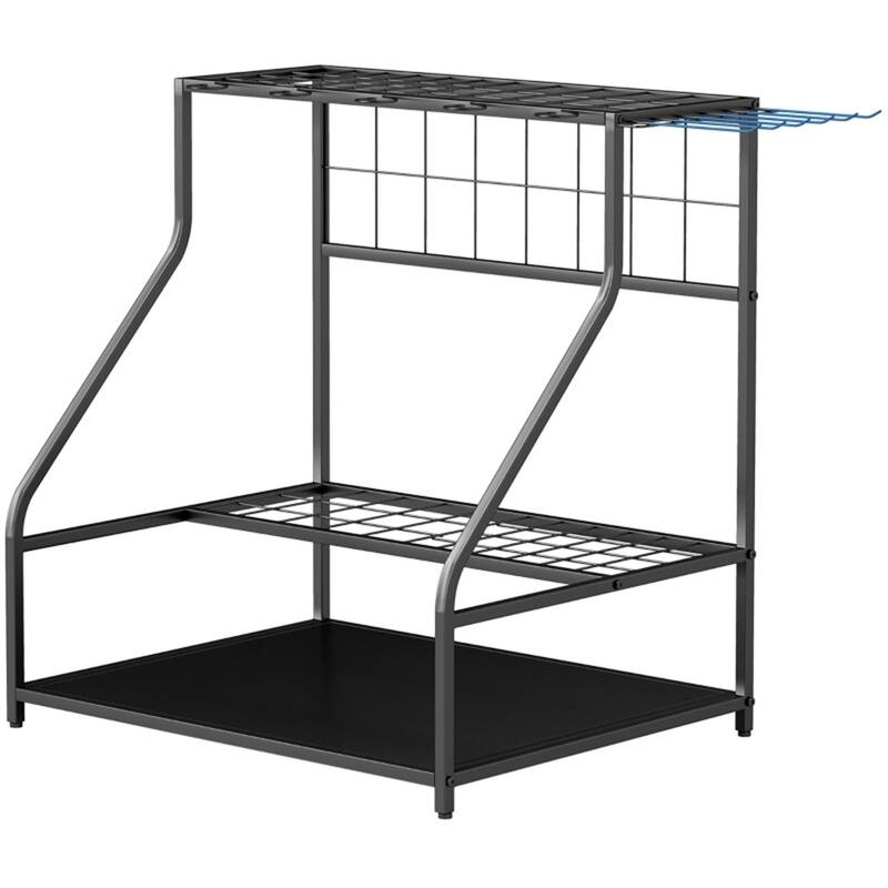3 Tier Garden Tool Storage Rack Metal Organizer with Hooks and Shelves for Indoor and Outdoor Use - 33.1" L x 20.9" W x 28.7" H - Brown