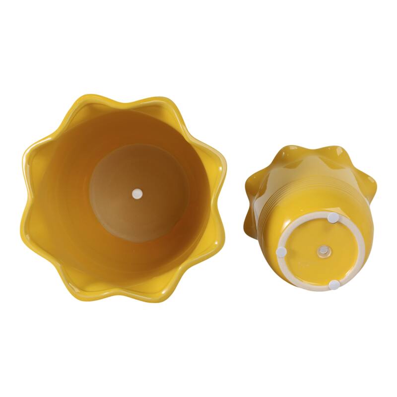 Ceramic Planter Scalloped Rim Ribbed Design Home Decor (Set of 2) - 8" x 8" x 6.75"