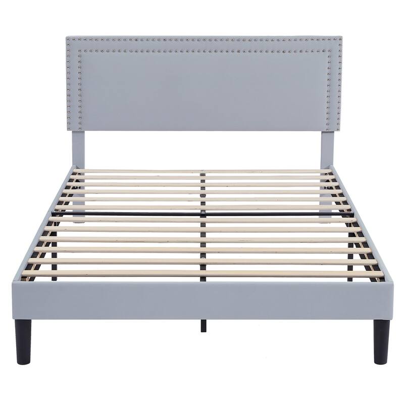 Upholstered Platform Bed Frame with Adjustable Headboard, Velvet Nailhead Trim, No Box Spring Needed