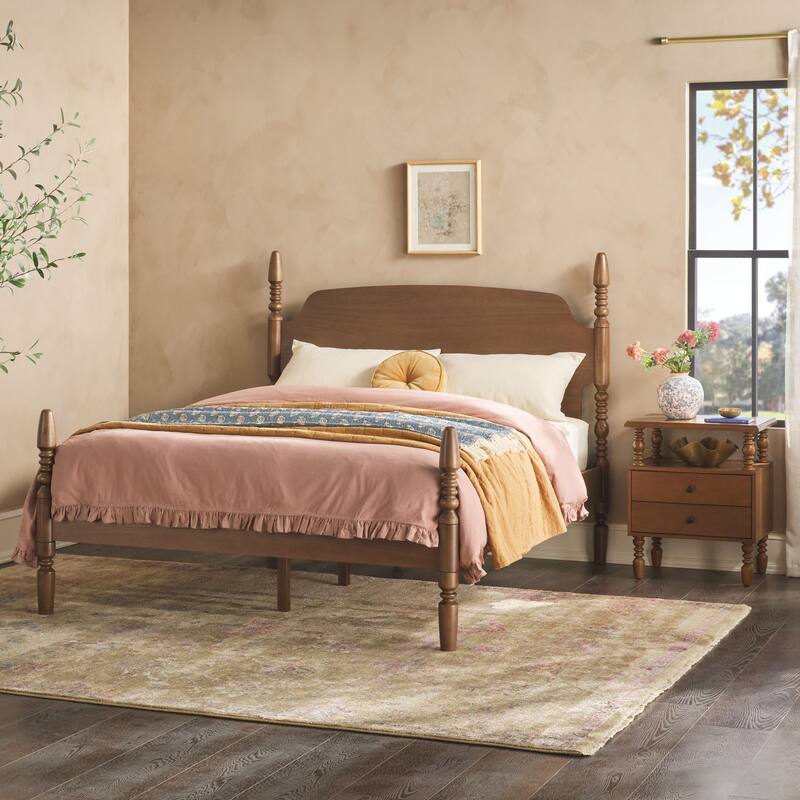Walker Edison Spindle Queen Bed with 2-Drawer Nightstand Bedroom Set