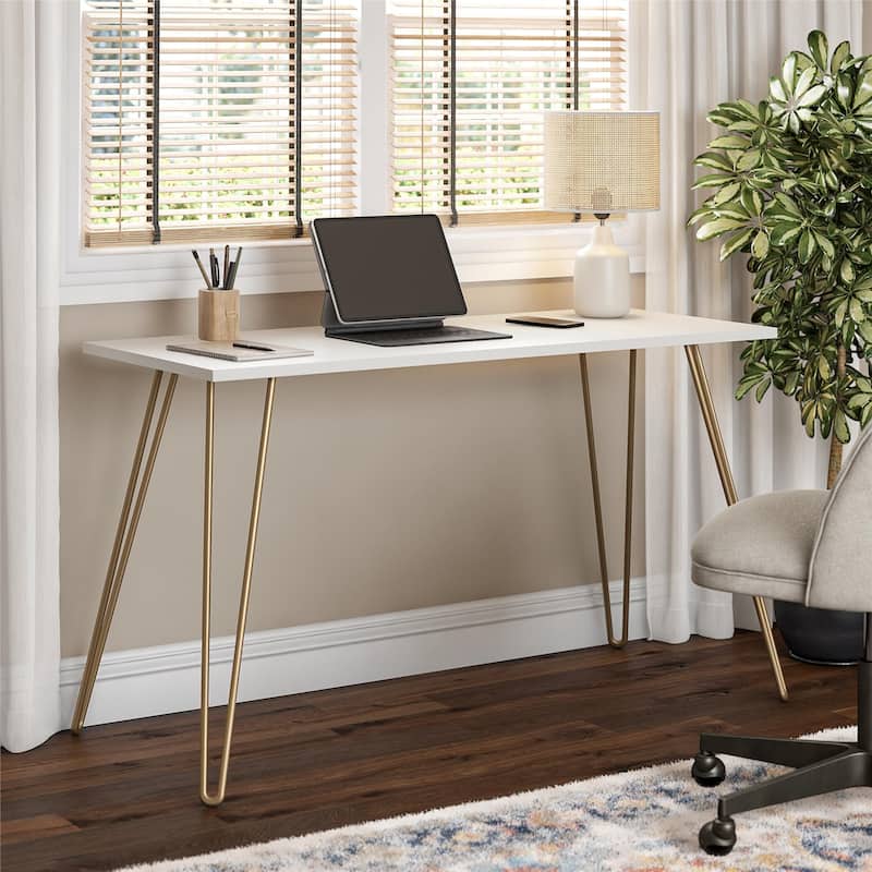 Anmytek White Modern Home Office Writing Desk with Gold Legs for Home ,Office