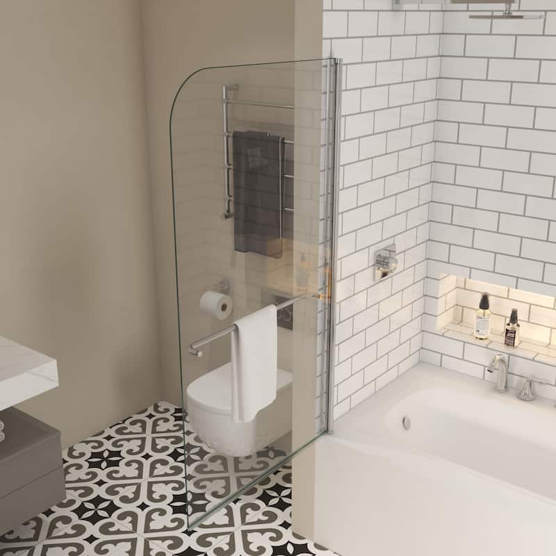 Modland Bathtub Pivot Shower Screen, 180 Swing, 1/4" Tempered Glass & Towel Bar, Chrome/Matte Black - 34x58 - Chrome