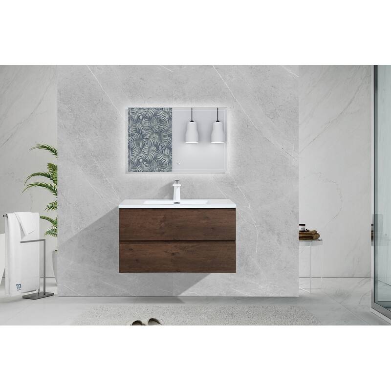 ABRUZZO 36" Floating Single Bathroom Vanity Wall-Mounted with Integrated Resin Top Basin 2 Soft Close Drawers Full Assembly - Rosewood