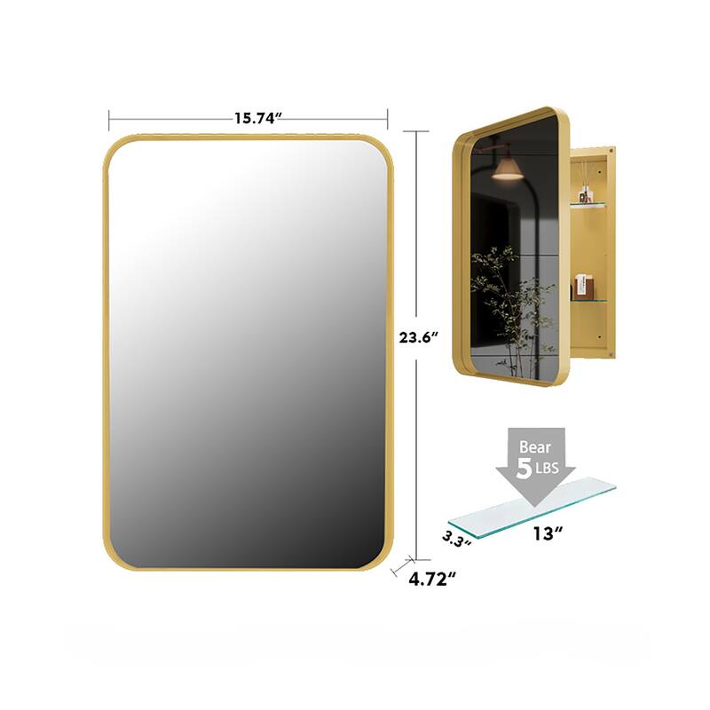 Recessed Gold Metal Framed Medicine Cabinet with Mirror and Adjustable Shelves, Wall-Mounted Storage