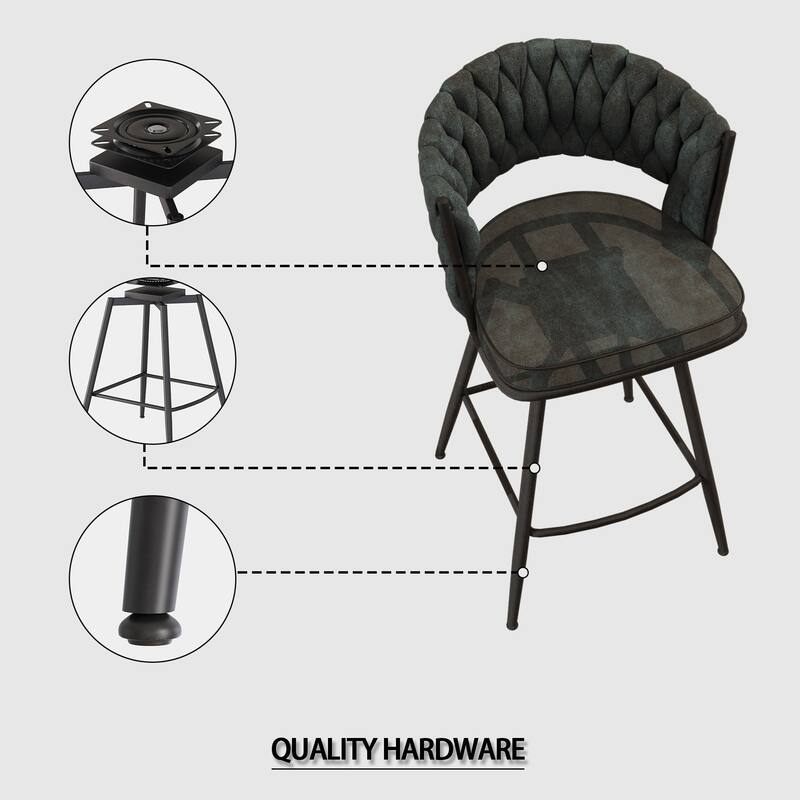 Suede Woven Bar Stool Set of 4, No Adjustable Kitchen Island Chairs,360 Swivel Upholstered Counter Stool with Back Footrest