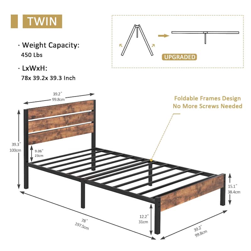 VECELO Industrial Wood Bed Frame with Headboard, Twin Size Beds/Full Size Beds/Queen Size Beds
