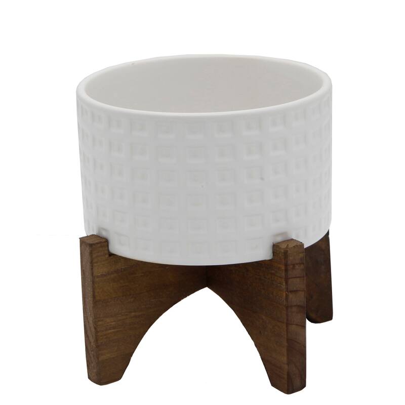 Mid-Century 4.75" CERAMIC GLADIATOR Planter on Wood Stand ,Matte White - White