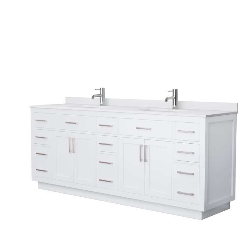 Beckett TK 84-inch Double Vanity, Cultured Marble Top - White, Nickel Trim, White Cultured Marble Top