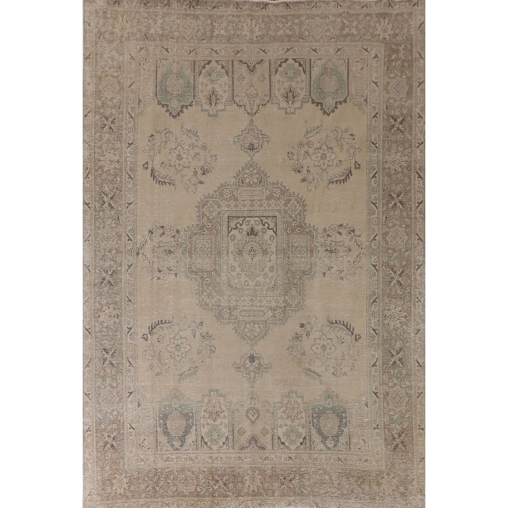 Distressed Tabriz Persian Vintage Area Rug Handmade Beige Wool Carpet - 7'9"x 11'0"