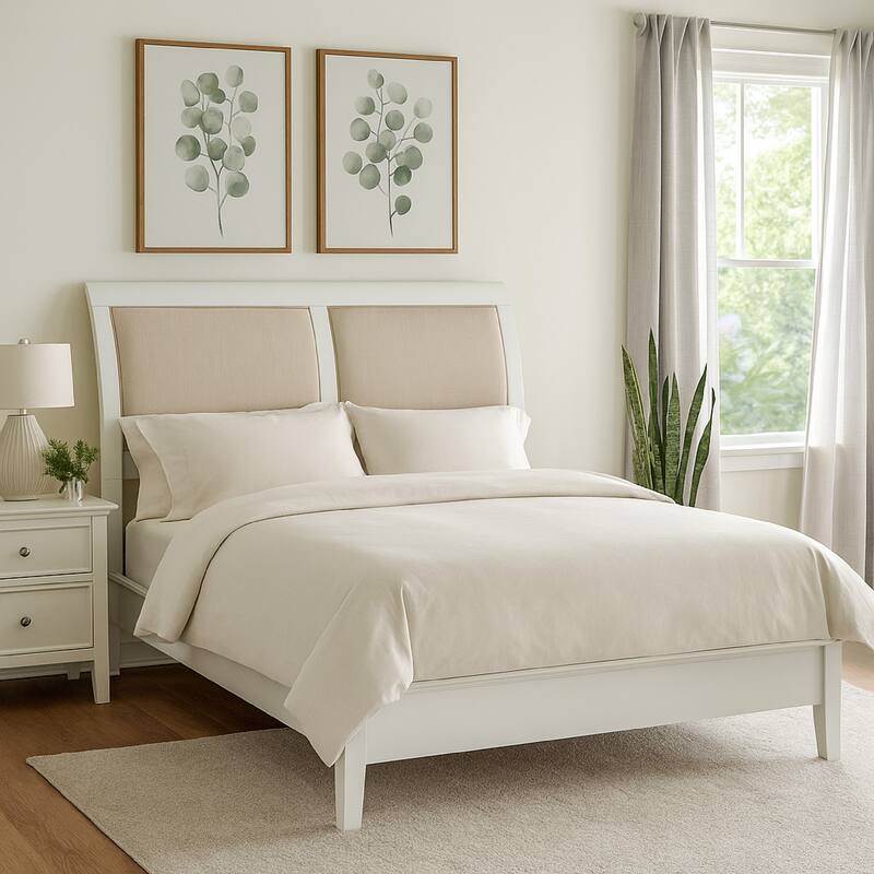 Heo King Size Bed, Sleigh Beige Upholstered Headboard, White Wood