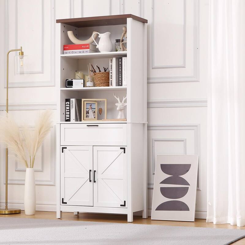 72 Inch Bookshelf Bookcase with Doors, 6-Tier Farmhouse Bookshelf with Cabinet and Drawer