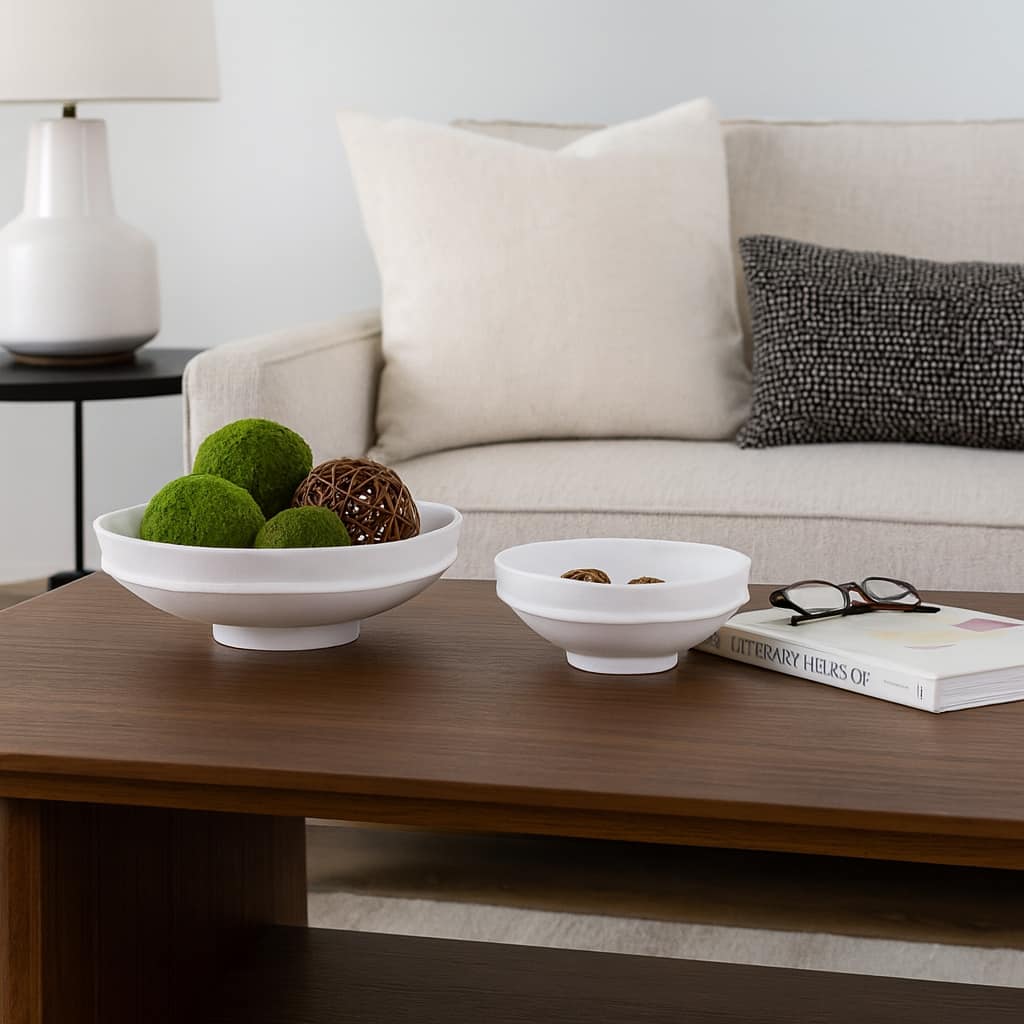 Decorative Ceramic Bowl with Pedestal Base - Set of 2, 16", White - 16.0"