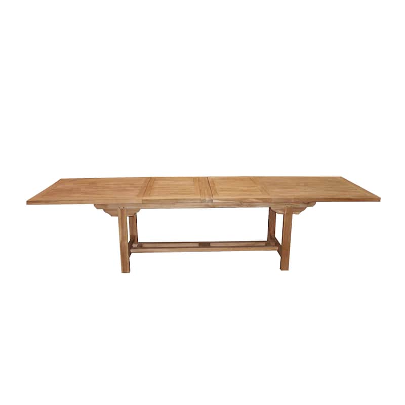 Brown Teak Wood Patio Outdoor Dining Set with White Cushions and Extendable Table Leaf (Set of 7) - 83"W, 30"H(A+B)