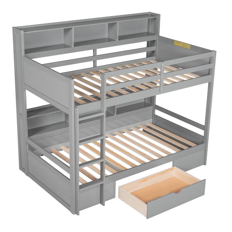 Twin Size Bunk Bed with Built-in Shelves Beside Both Upper, Down Bed, Storage Drawer, Solid Wood Bed Frame, No Box Spring Needed