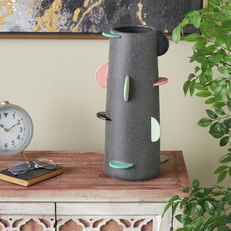 Ceramic Textured Vase with Multicolor Half-Moon Accents - Black - Roche River Decor