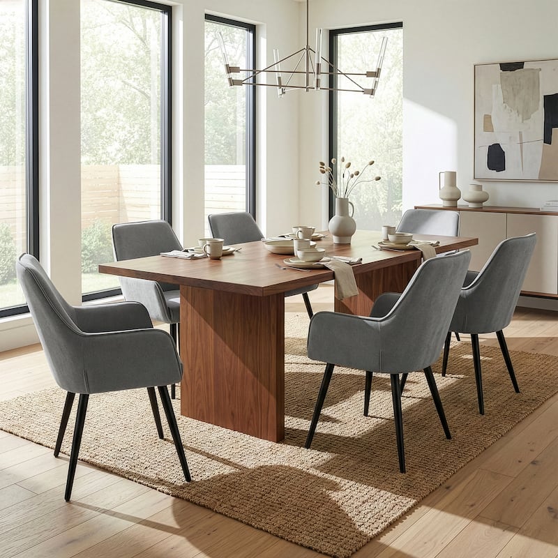 Set of 2 Amir Grey Dining Chair with Black Metal Legs and Square Arms