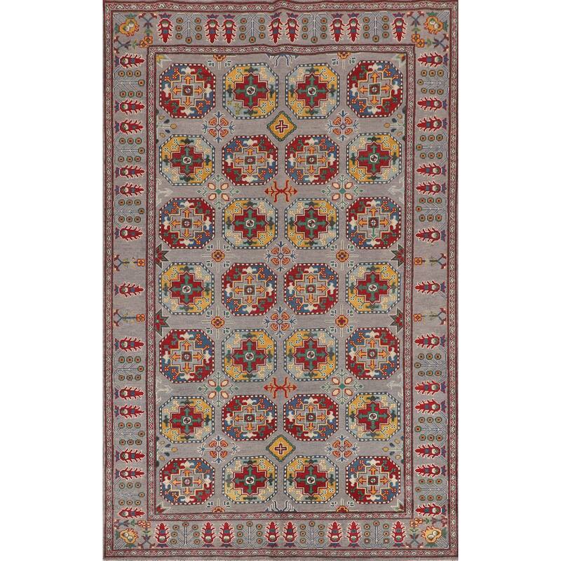 All-Over Gray Kazak Oriental Area Rug Handmade Wool Carpet - 6'4" x 9'7"