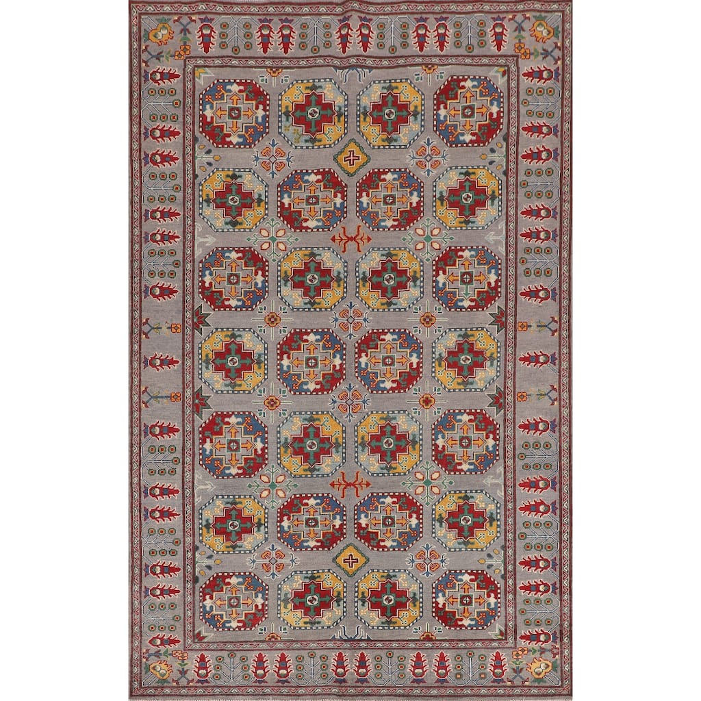 All-Over Gray Kazak Oriental Area Rug Handmade Wool Carpet - 6'4" x 9'7"