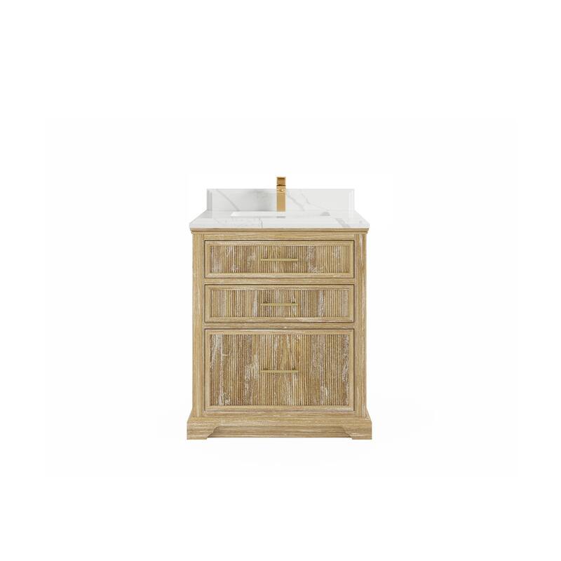 Willow Collections 30 x 22 Alys Solid Teak Wood Single Sink Bathroom Vanity with Quartz or Marble Countertop - 1.5"Calacatta - Whitewashed