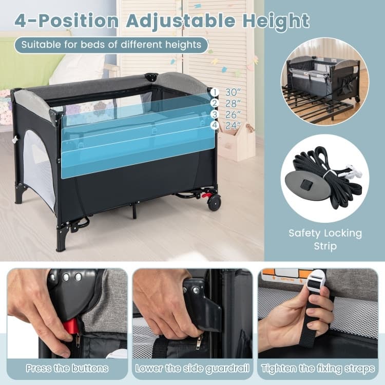 5-in-1 Infant Bed Cradle Changing Table with Side Storage and Music Rack Safety Strap - 43" x 29.5" x 32.5" (L x W x H)