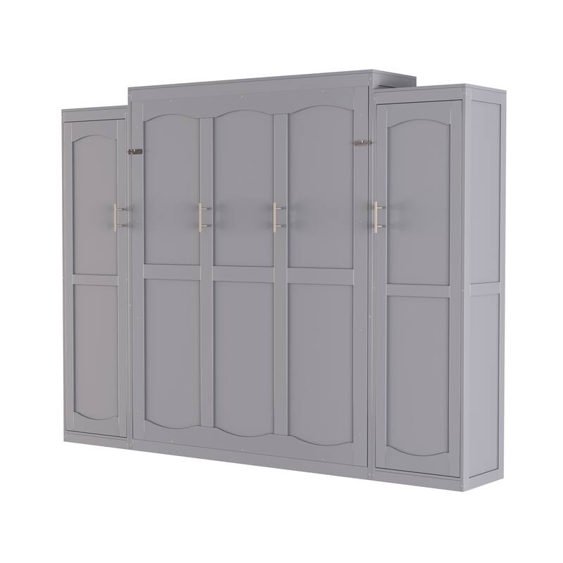 Wooden Full Size Murphy Bed with 2 Wardrobe and Storage Shelf