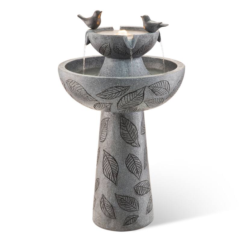 Glitzhome Birdbath Polyresin Outdoor Fountain with Birds, Pump and LED Light