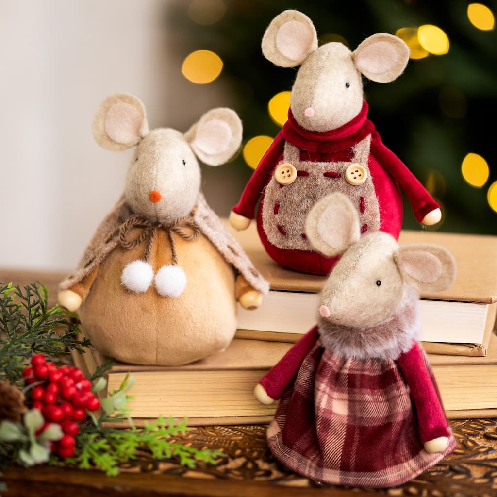 Plush Mice Trio Christmas Figures - 5" - Sand Brown and Burgundy - Set of 3