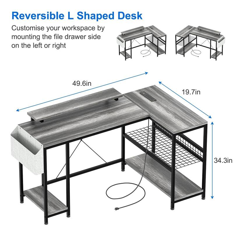 L Shaped Computer Desk with Power Outlets & LED Light, 49.6" Reversible Corner Computer Desk
